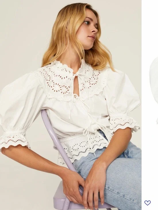 Sea New York White Eyelet Tie-Front Puff Sleeve Blouse - Picture 5 of 8